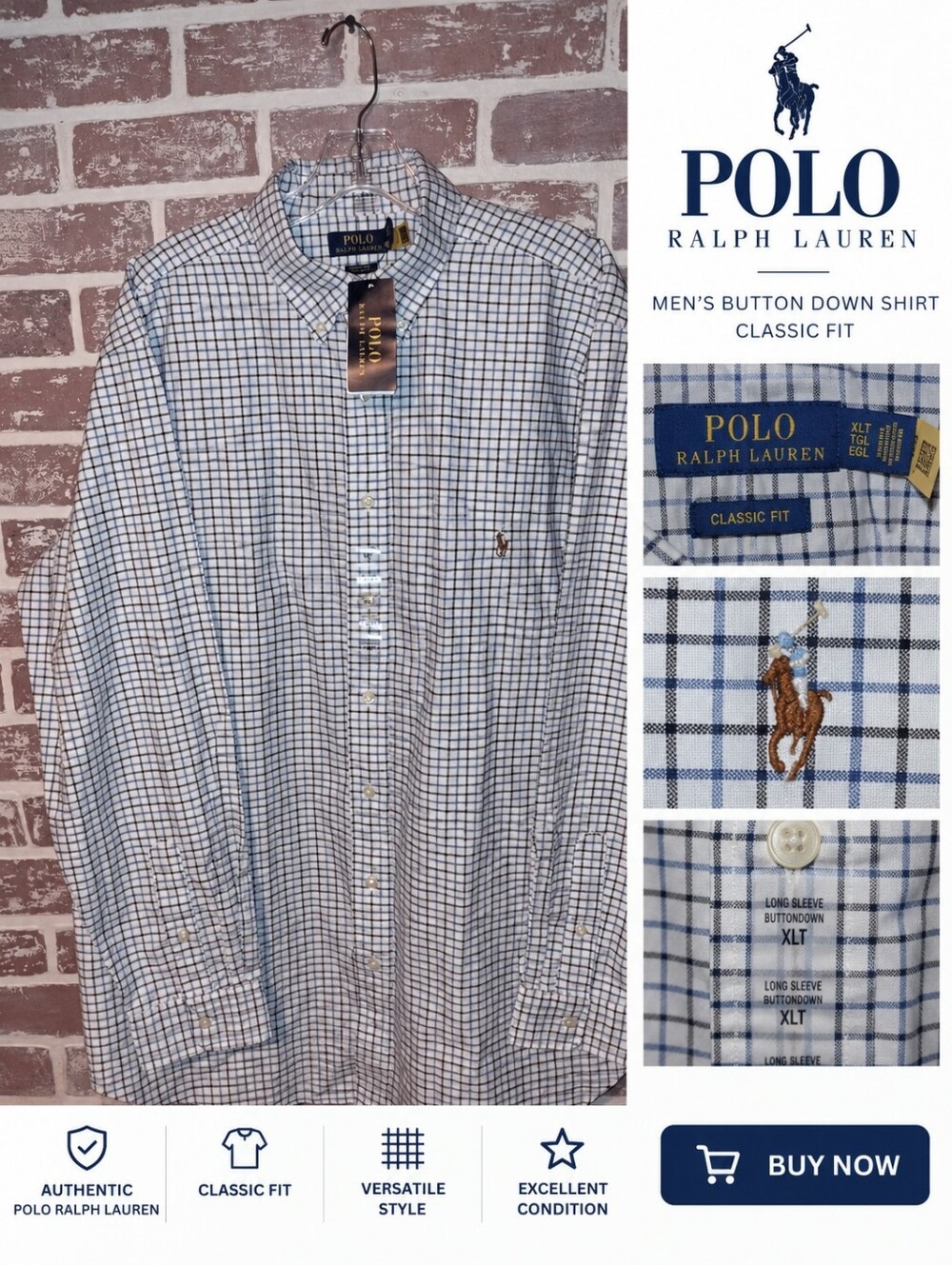 NWT Polo Ralph Lauren Men’s XLT Classic Fit Blue Check Long Sleeve Shirt